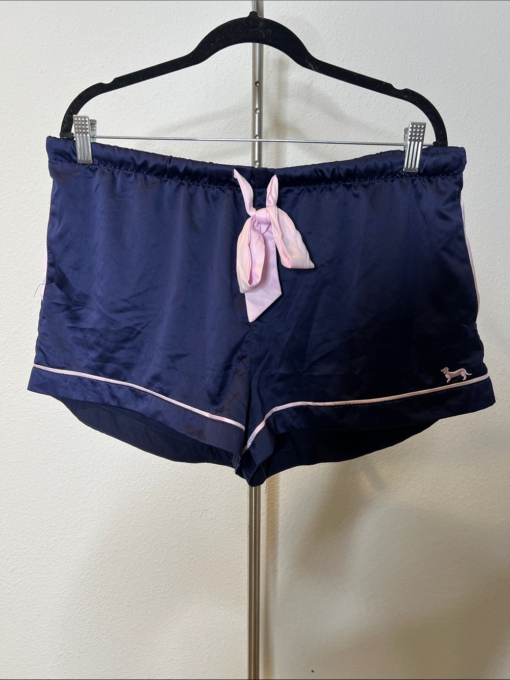 Peter Alexander Navy Satin Pajama Shorts with Light Pink Trim